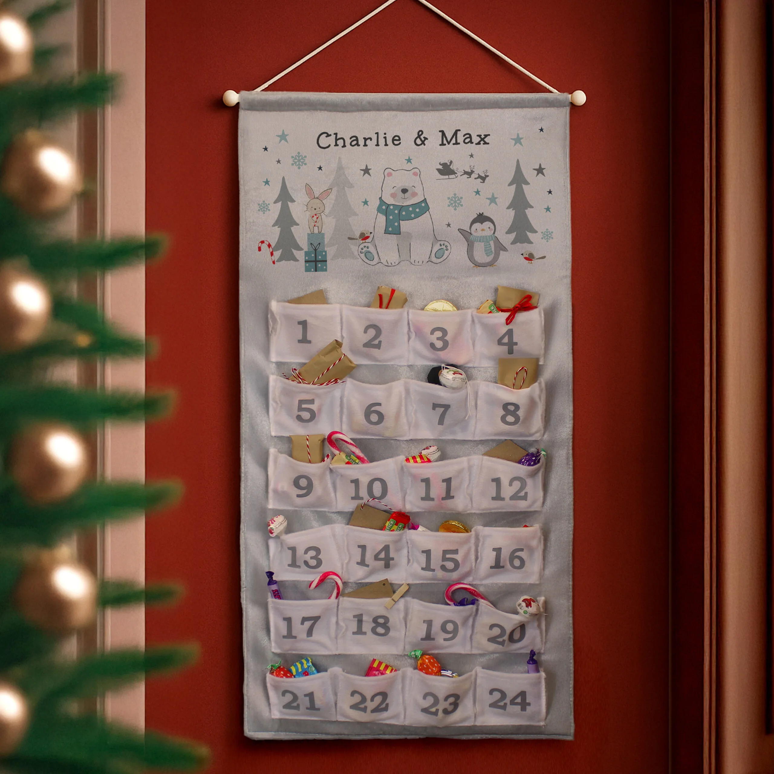 P0810B24 Personalised Children's Polar Bear Design Christmas Advent Calendar Personalised Children's Polar Bear Design Grey Felt Christmas Advent Calendar - Image 1
