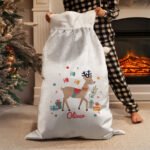 Personalised Reindeer Design Luxury Grey Pom Pom Christmas Sack - Image 2