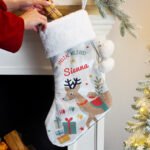 Personalised Reindeer Design 'Special Delivery' Luxury Grey Pom Pom Christmas Stocking - Image 2