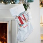 Personalised Initial & Name Reindeer Design Luxury Grey Pom Pom Christmas Stocking