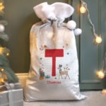 Personalised Initial & Name Reindeer Design Luxury Grey Pom Pom Christmas Sack