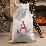 Personalised Initial & Name Reindeer Design Luxury Grey Pom Pom Christmas Sack - Image 2