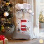 Personalised Initial & Name Reindeer Design Luxury Grey Pom Pom Christmas Sack - Image 3