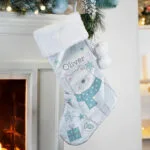 Personalised Polar Bear Design Luxury Grey Pom Pom Christmas Stocking