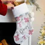 Personalised Pink Bows Design Luxury Grey Pom Pom Christmas Stocking - Image 2