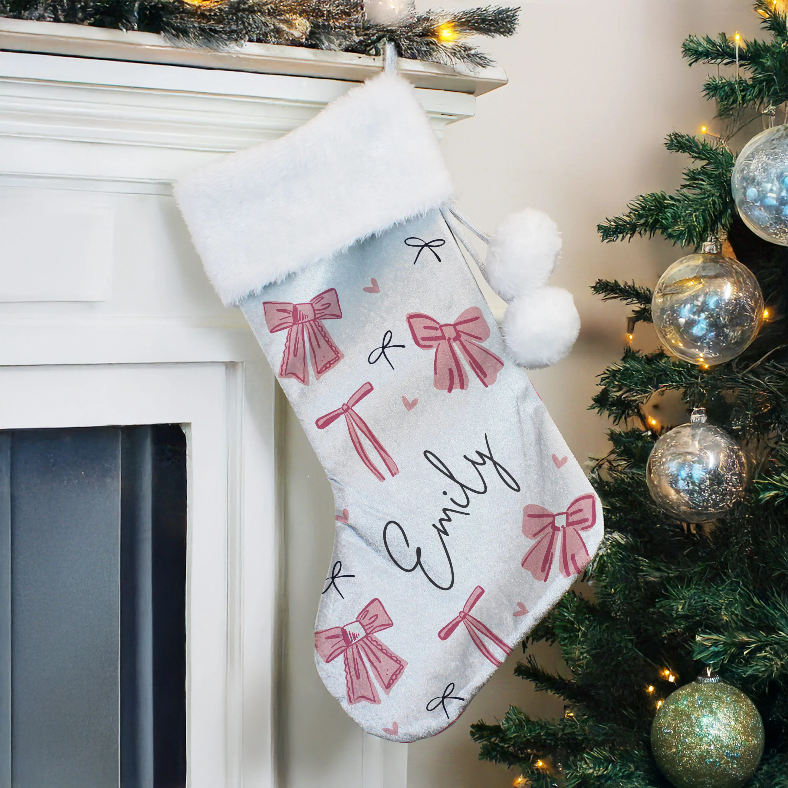 Personalised Pink Bows Design Luxury Grey Pom Pom Christmas Stocking - Image 3