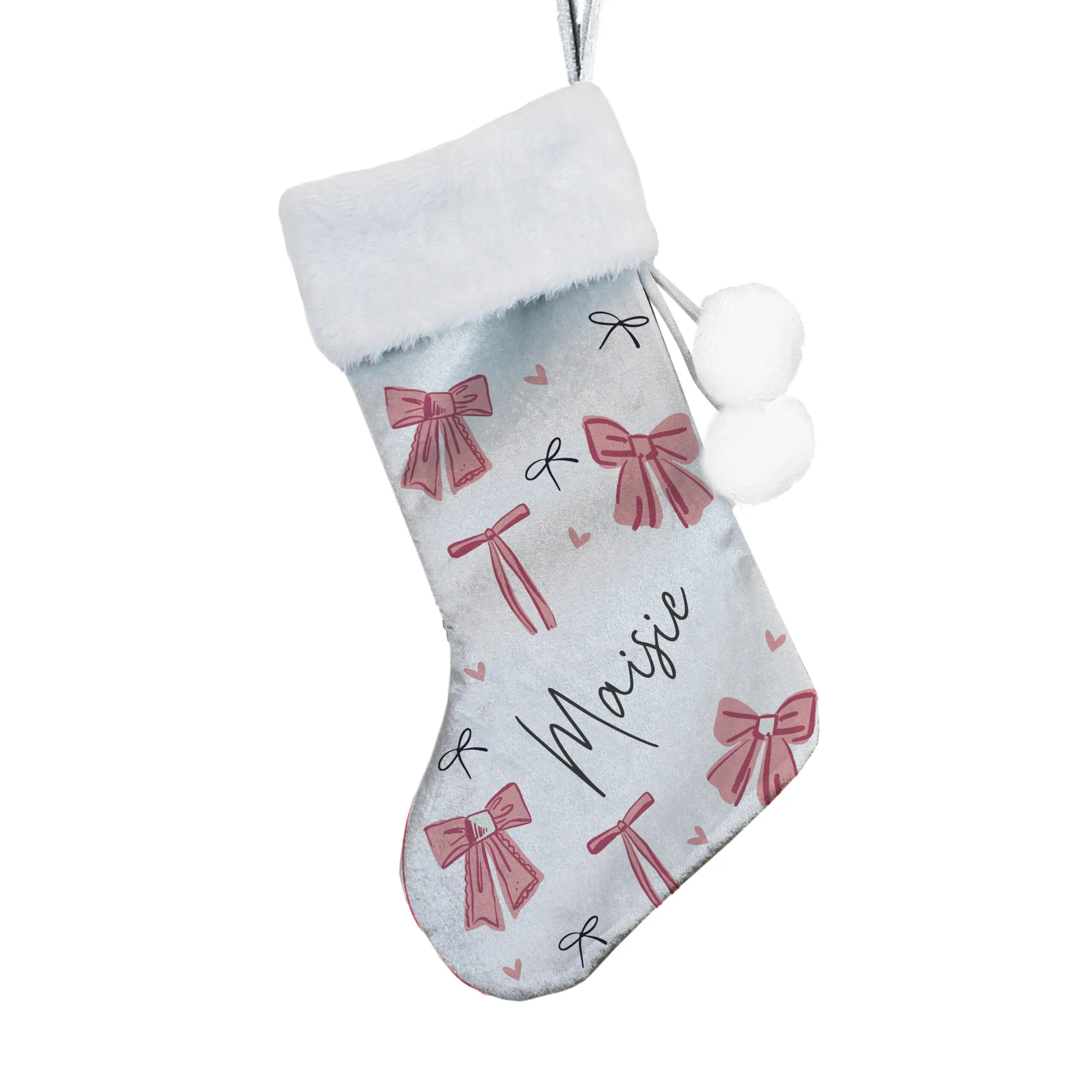 Personalised Pink Bows Design Luxury Grey Pom Pom Christmas Stocking - Image 4