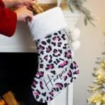 Personalised Leopard Print Design Luxury Grey Pom Pom Christmas Stocking - Image 2