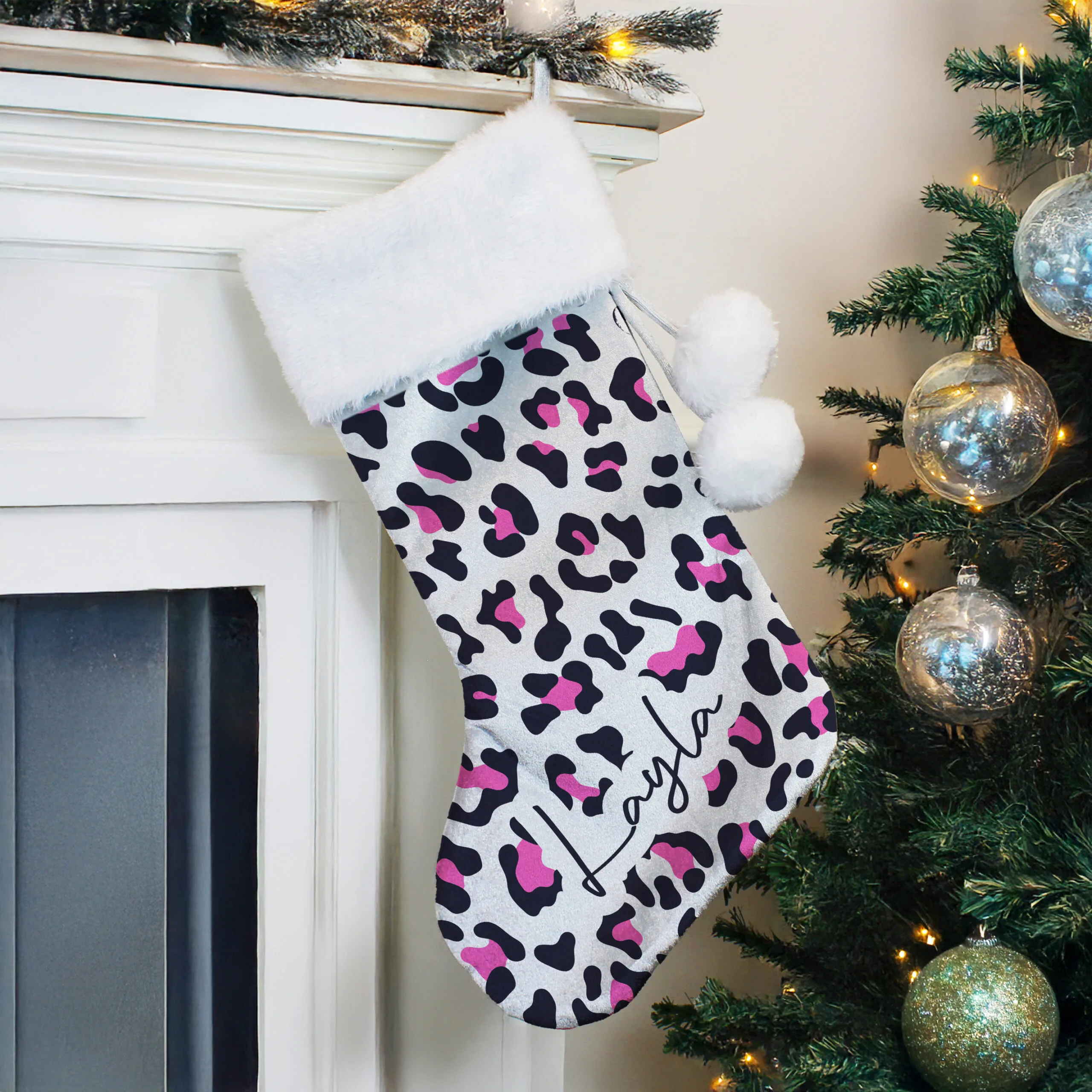 Personalised Leopard Print Design Luxury Grey Pom Pom Christmas Stocking - Image 3