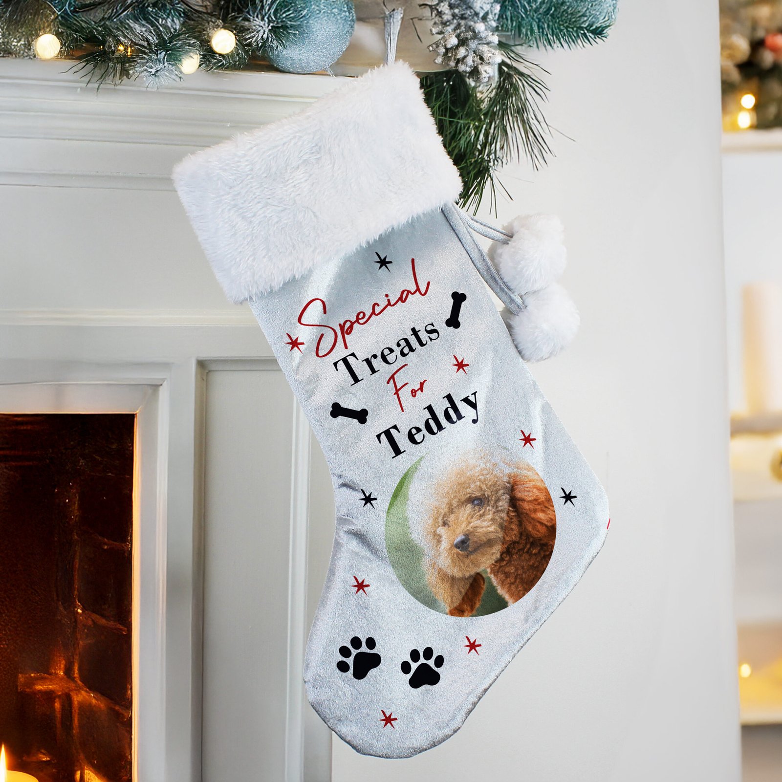 P0810B34 Personalised 'Special Treats' Photo Upload Dog Luxury Grey Pom Pom Christmas Stocking Personalised 'Special Treats' Photo Upload Dog Luxury Grey Pom Pom Christmas Stocking - Image 1