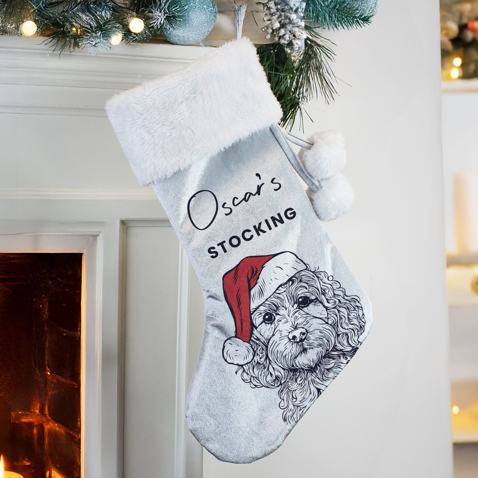 P0810B36 Personalised Dog Breed Luxury Grey Pom Pom Christmas Stocking Personalised Dog Breed Luxury Grey Pom Pom Christmas Stocking - Image 1