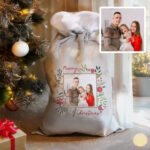 Personalised Photo Upload 'Merry Christmas' Luxury Grey Pom Pom Christmas Sack - Image 2