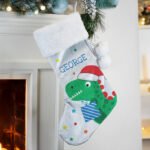 Personalised Dinosaur Design Luxury Grey Pom Pom Christmas Stocking