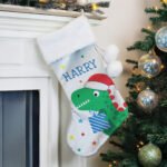 Personalised Dinosaur Design Luxury Grey Pom Pom Christmas Stocking - Image 3