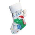 Personalised Dinosaur Design Luxury Grey Pom Pom Christmas Stocking - Image 4