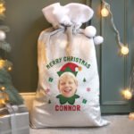Personalised Photo Upload Elf Design Luxury Grey Pom Pom Christmas Sack