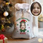 Personalised Photo Upload Elf Design Luxury Grey Pom Pom Christmas Sack - Image 2