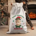 Personalised Photo Upload Elf Design Luxury Grey Pom Pom Christmas Sack - Image 3