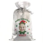 Personalised Photo Upload Elf Design Luxury Grey Pom Pom Christmas Sack - Image 4