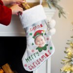 Personalised Photo Upload Elf Design Luxury Grey Pom Pom Christmas Stocking - Image 2