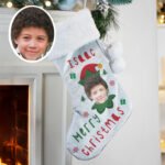 Personalised Photo Upload Elf Design Luxury Grey Pom Pom Christmas Stocking - Image 3