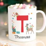 Personalised Children's Initial & Name Reindeer Design Plastic Christmas Mug