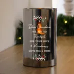 Personalised Christmas Holly Design Smoked Glass LED Pillar Candle
