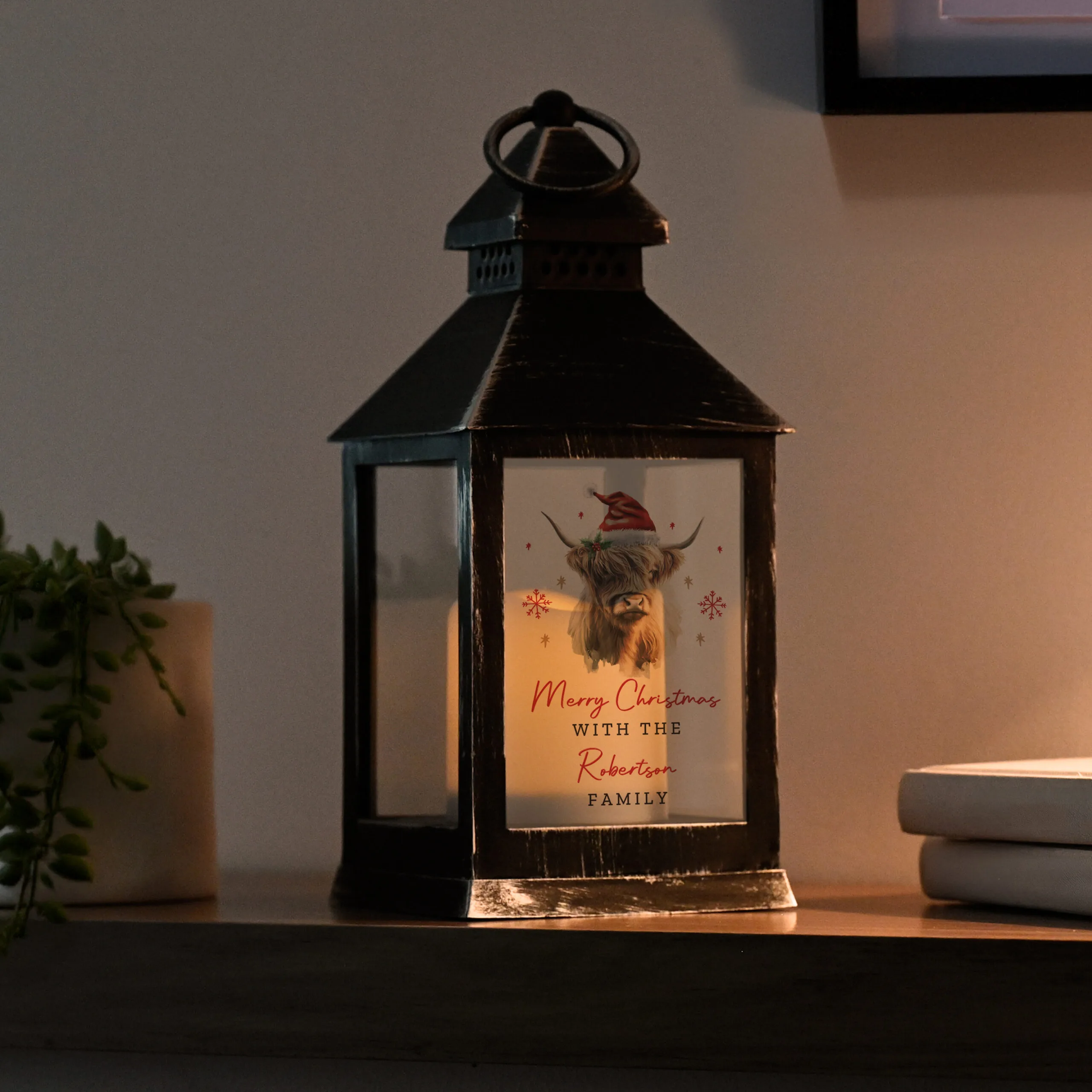Personalised Christmas Highland Cow Design Rustic Black Plastic Light-up Lantern - Image 2