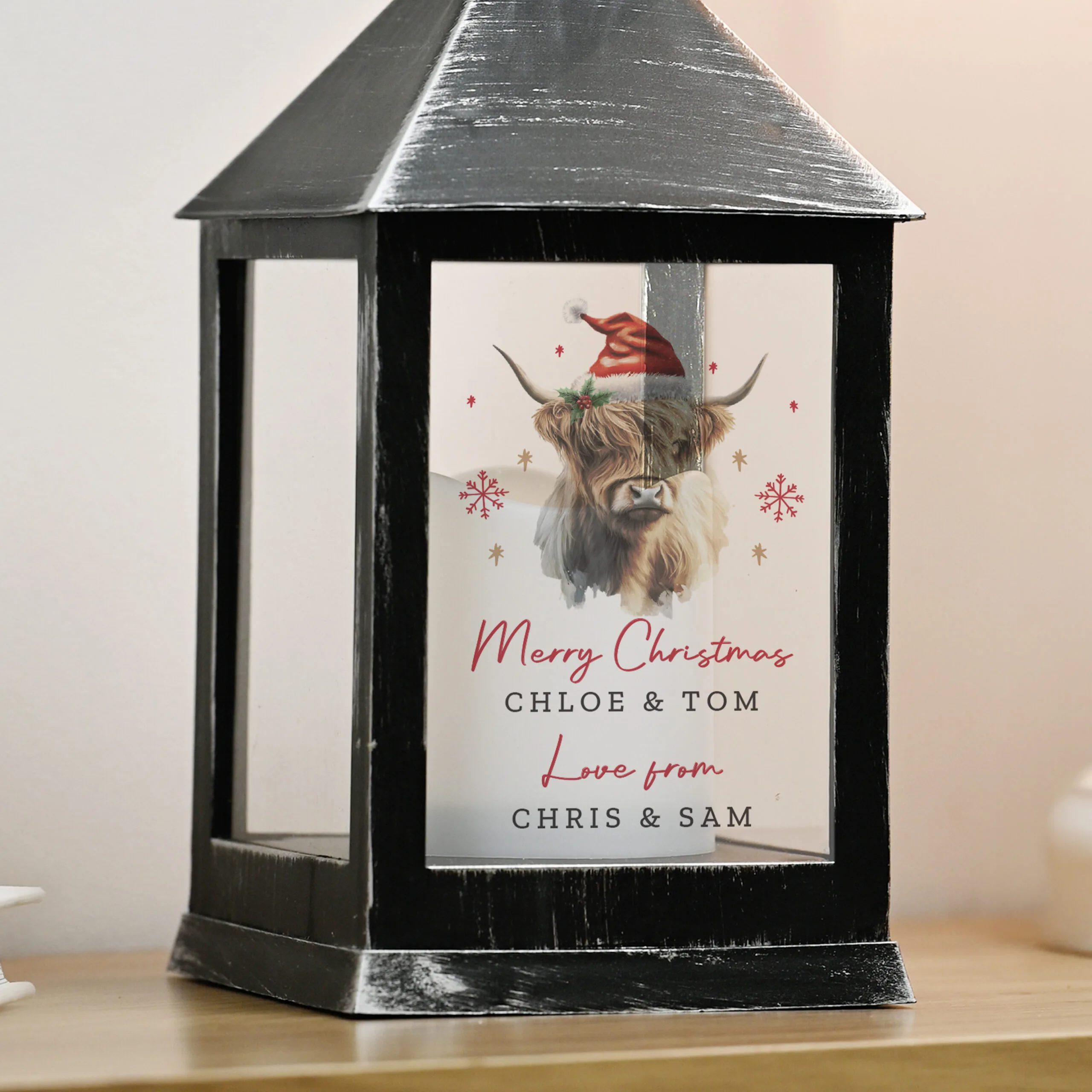 Personalised Christmas Highland Cow Design Rustic Black Plastic Light-up Lantern - Image 4