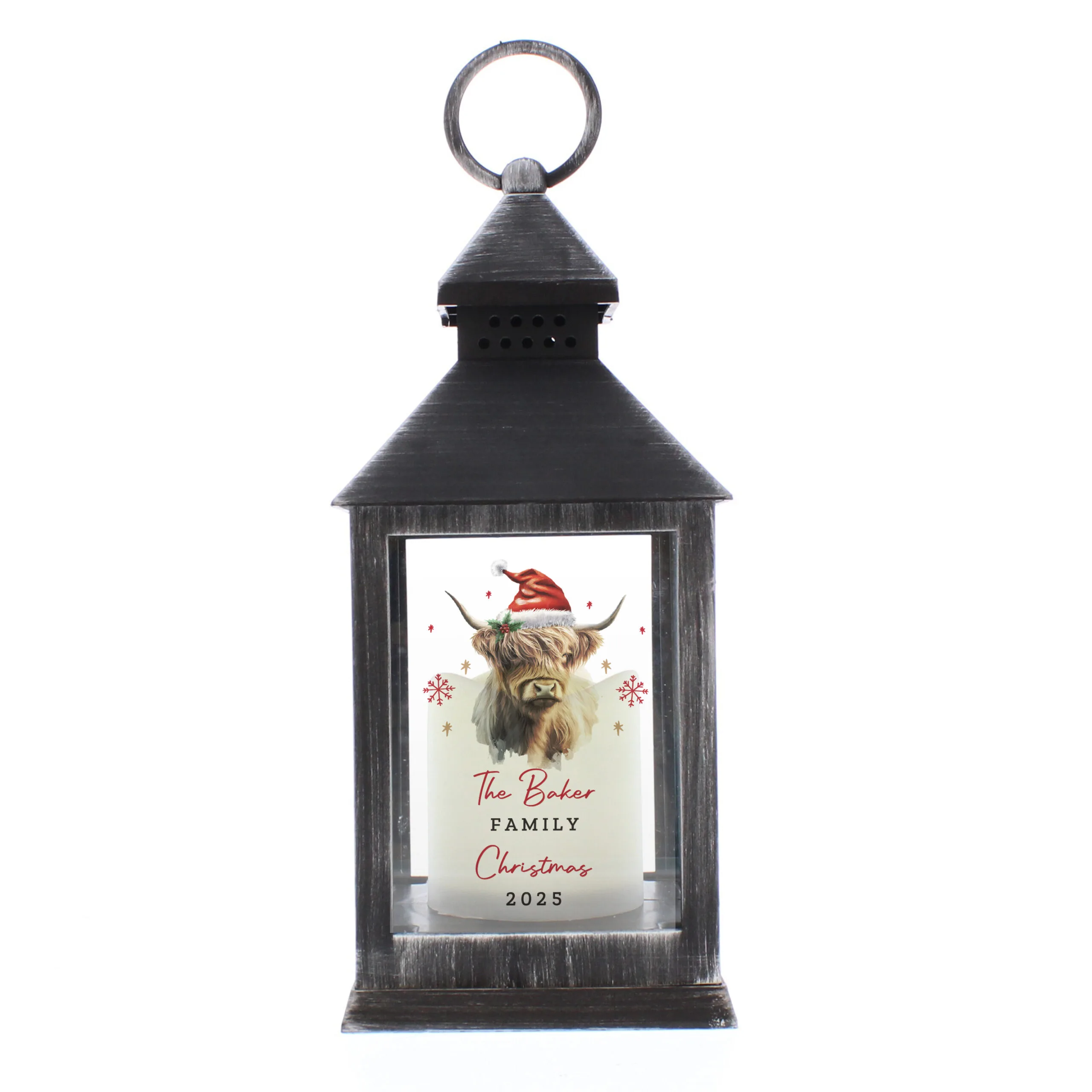 Personalised Christmas Highland Cow Design Rustic Black Plastic Light-up Lantern - Image 5