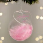 Personalised 'My 1st Christmas' Pink Feather Glass Christmas Bauble