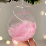 Personalised 'My 1st Christmas' Pink Feather Glass Christmas Bauble - Image 3
