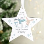 Personalised Polar Bear Design Wooden Star Shaped Christmas Decoration