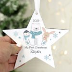 Personalised Polar Bear Design Wooden Star Shaped Christmas Decoration - Image 2