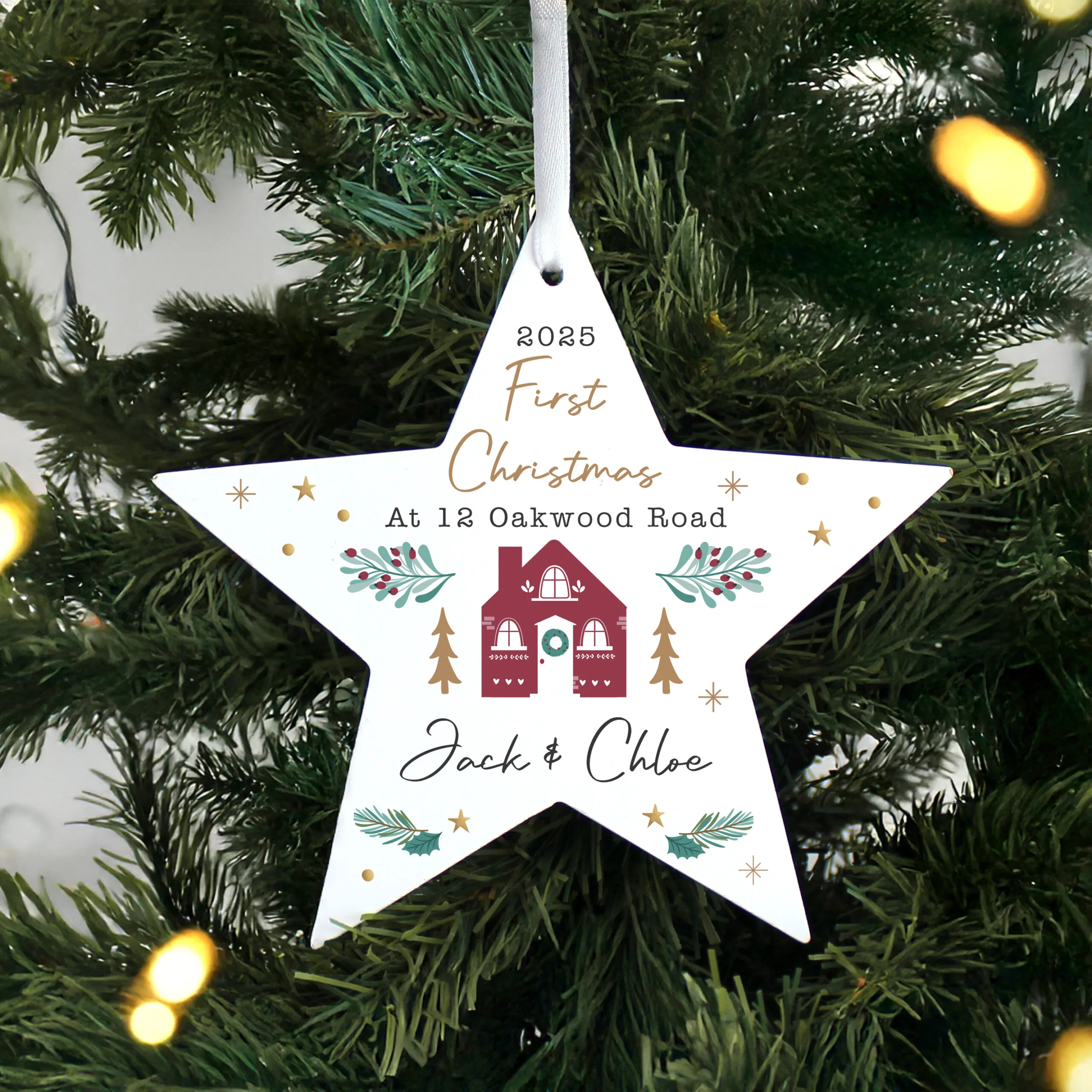 Personalised 'First Christmas' New Home Wooden Star Decoration - Image 2