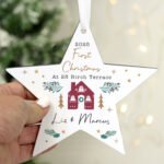 Personalised 'First Christmas' New Home Wooden Star Decoration - Image 3