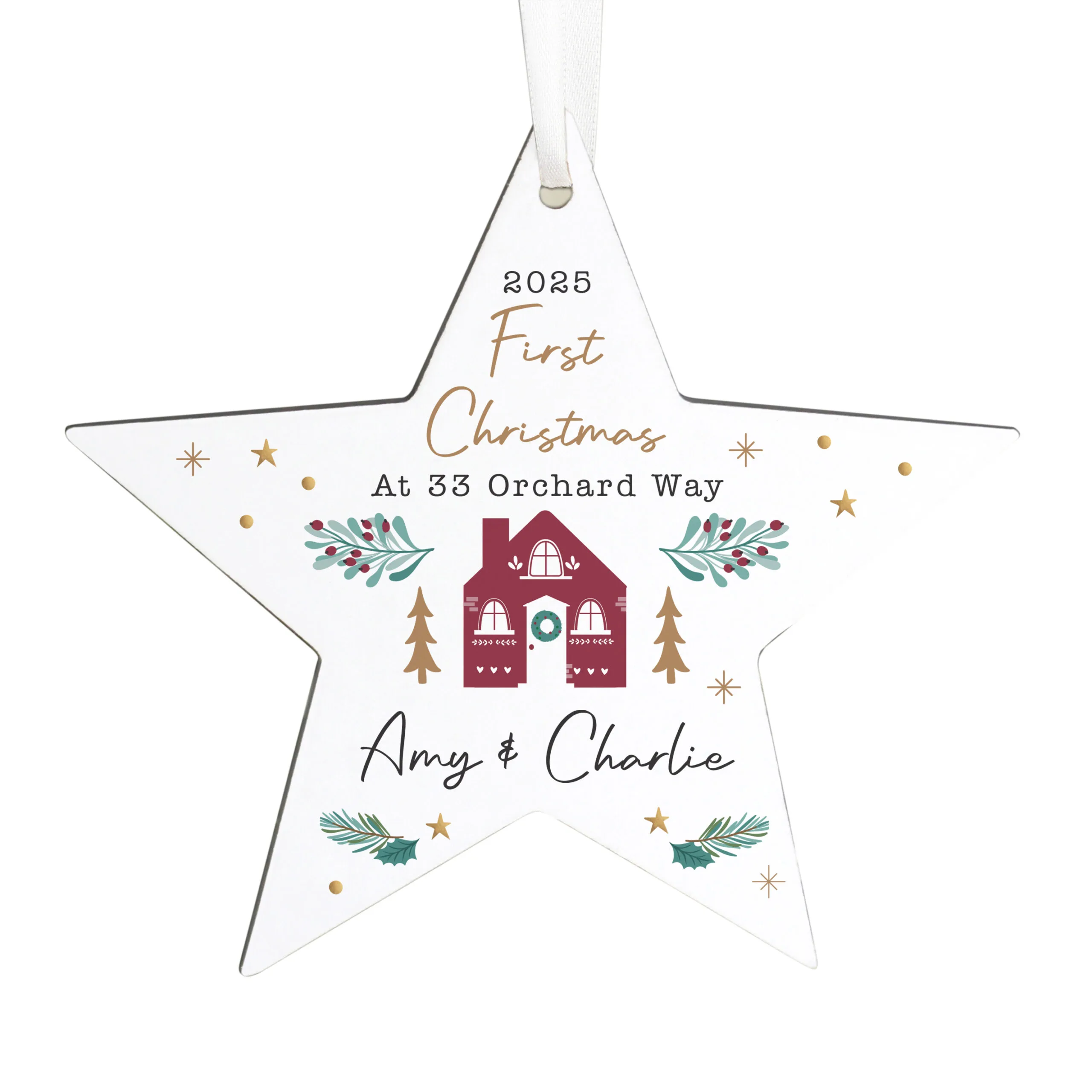 Personalised 'First Christmas' New Home Wooden Star Decoration - Image 4