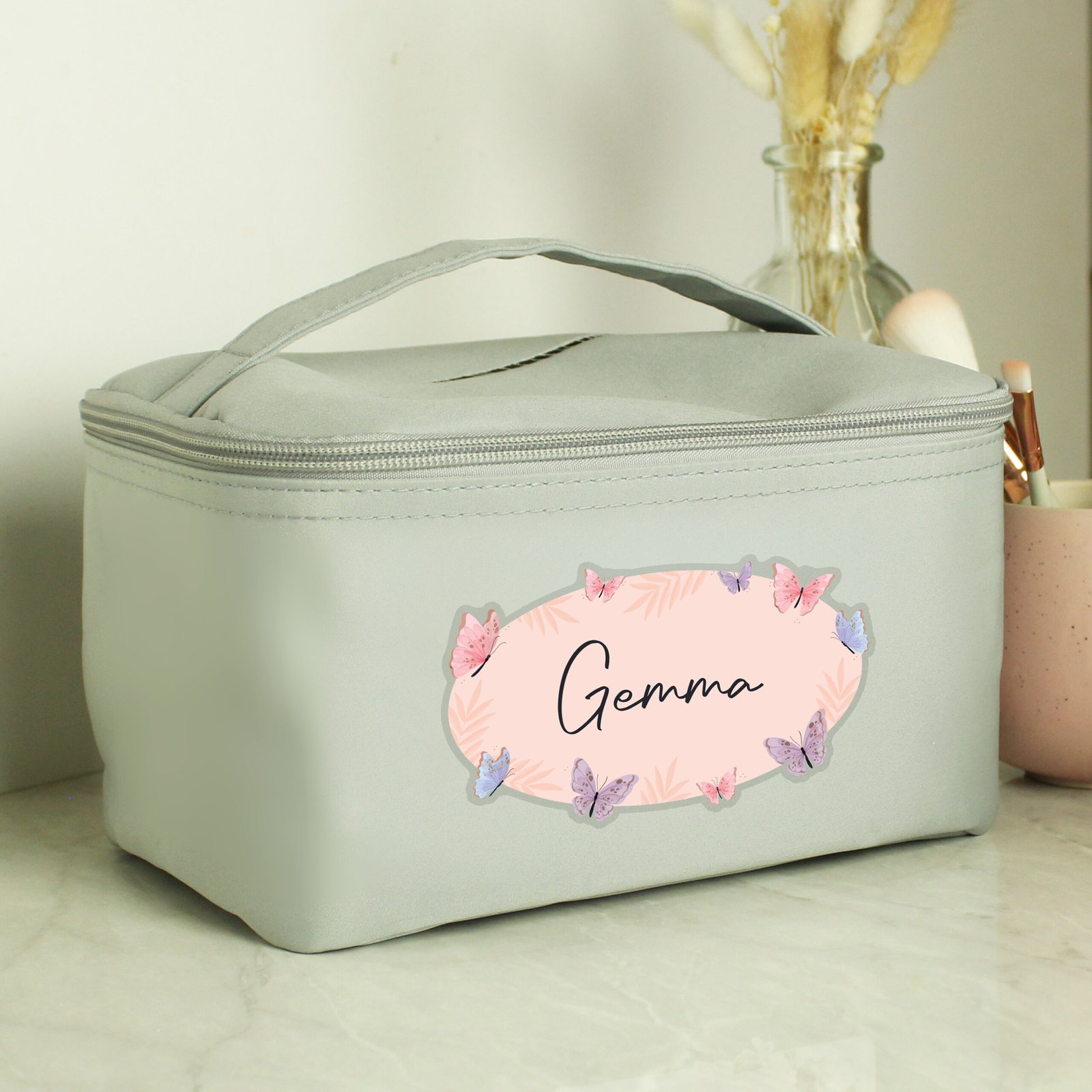 P0510J77 Personalised Name Only Butterflies Design Grey Toiletry Bag Personalised Name Only Butterflies Design Grey Toiletry Bag - Image 1