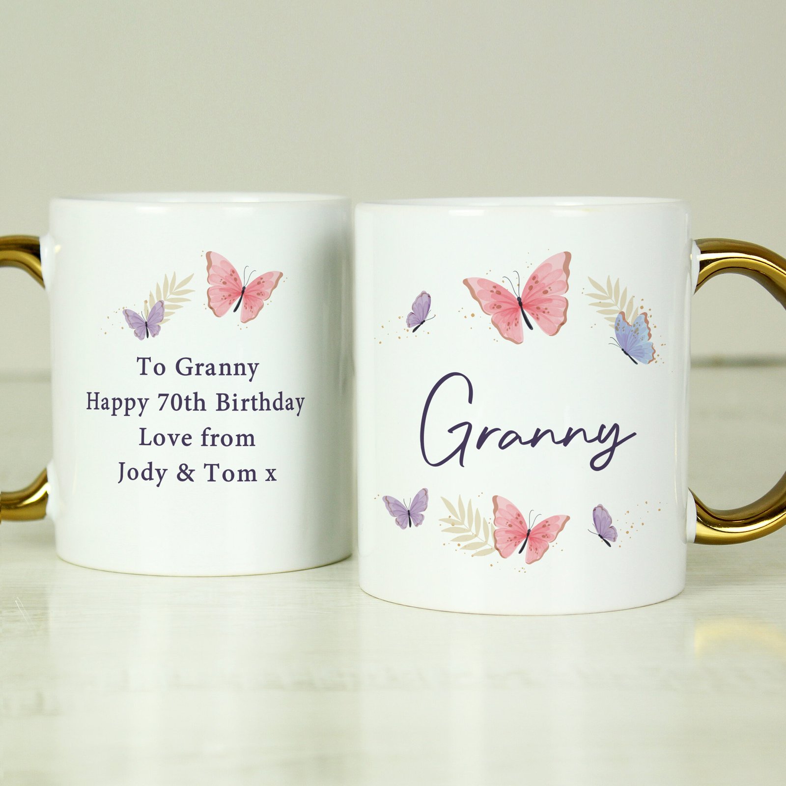 P0805P07 Personalised Butterflies Design Gold Handled Ceramic Mug Personalised Butterflies Design Gold Handled Ceramic Mug - Image 1