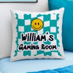 Personalised Children's Smiley Face Motif Teal Chequered Design Filled Cushion - Image 2