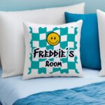 Personalised Children's Smiley Face Motif Teal Chequered Design Filled Cushion - Image 3