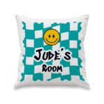 Personalised Children's Smiley Face Motif Teal Chequered Design Filled Cushion - Image 4