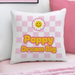 Personalised Children's Daisy Motif Pink Chequered Design Filled Cushion - Image 2
