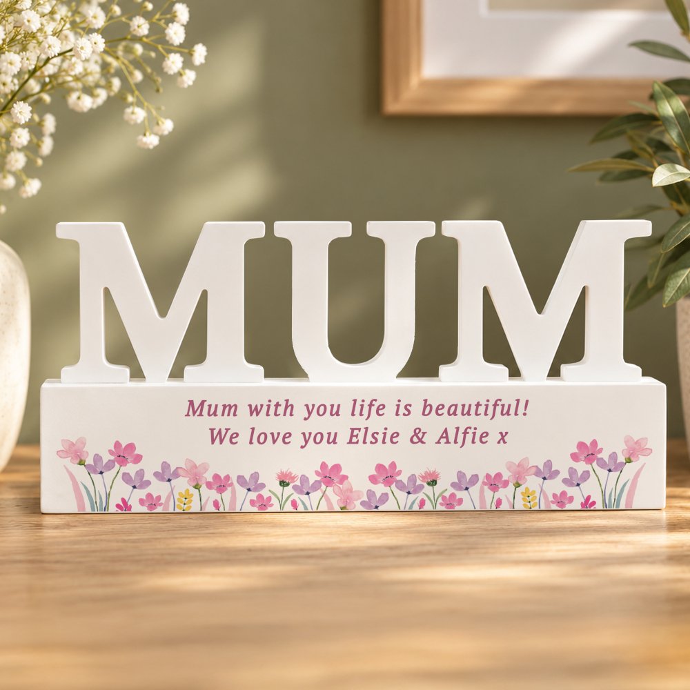 P1011I83 Personalised Any Message Floral Design Wooden Mum Ornament New 1026