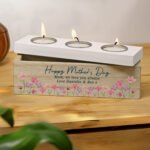 Personalised Any Message Floral Design Wooden Triple Tea Light Candle Box