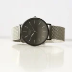 Architect London Men's Minimalist Modern Font Engraving Black Face Watch With Silver Mesh Strap