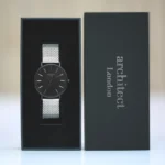 Architect London Men's Minimalist Modern Font Engraving Black Face Watch With Silver Mesh Strap - Image 4