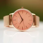 Architect London Ladies Modern Font Engraving Coral Face Watch With Rose Gold Mesh Strap