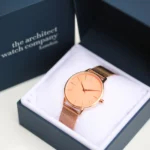 Architect London Ladies Modern Font Engraving Coral Face Watch With Rose Gold Mesh Strap - Image 3