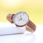 Anaii Ladies Modern Font Engraving White Face Watch With Hazel Wood Strap